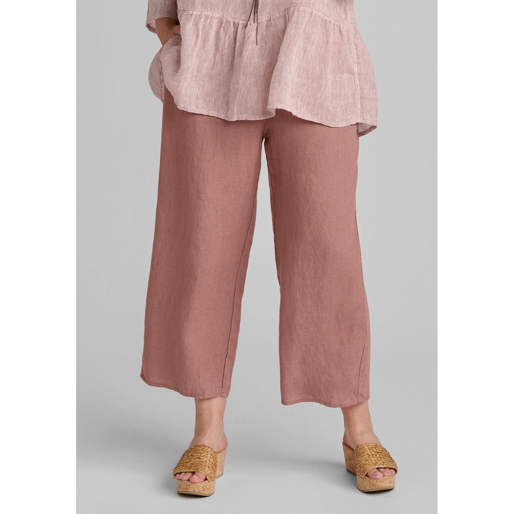 FLAX Women Mauve Pink 100% Linen Wide Leg Cropped Pants Size M Elastic Waist